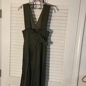 Vintage FREE Brand Khaki Wool Adjustable Suspender Fitted Pleated Midi Dress
